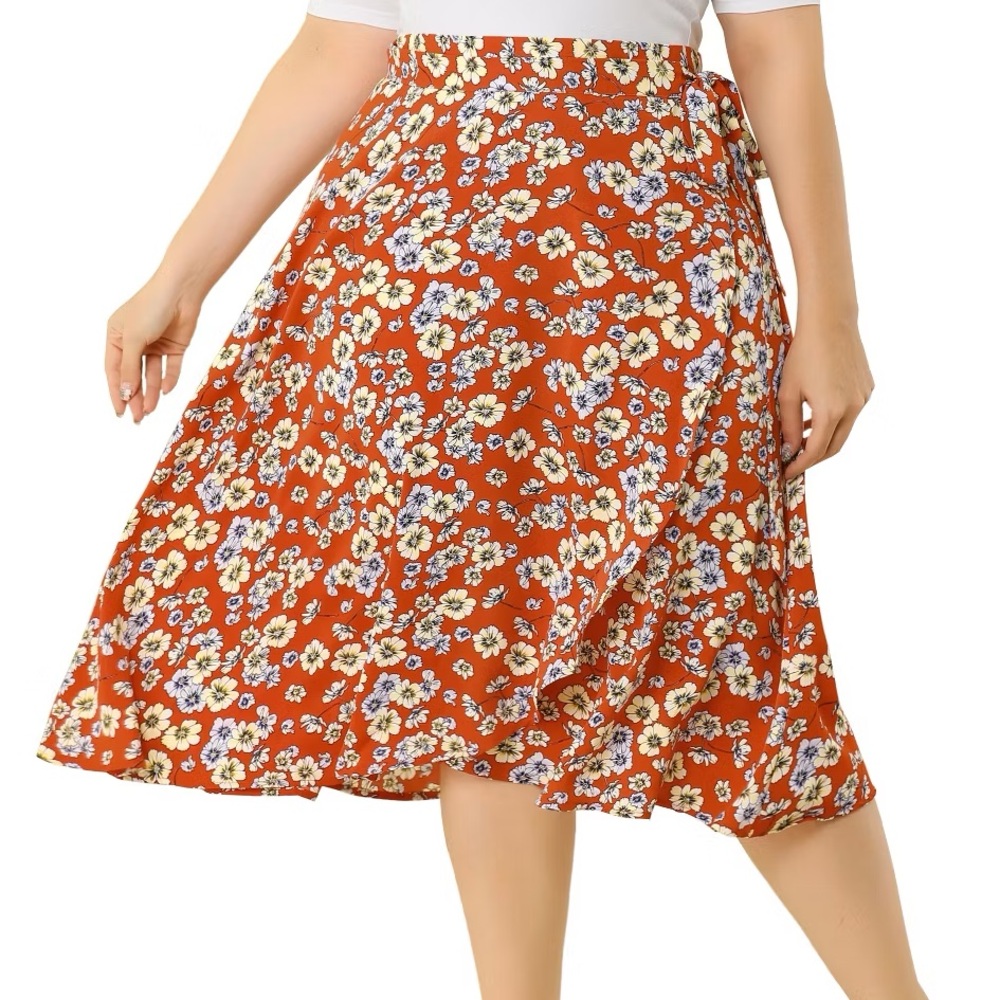 Red Floral Wrap Skirt, Agnes Orinda Size 1X wrap and tie long midi skirt